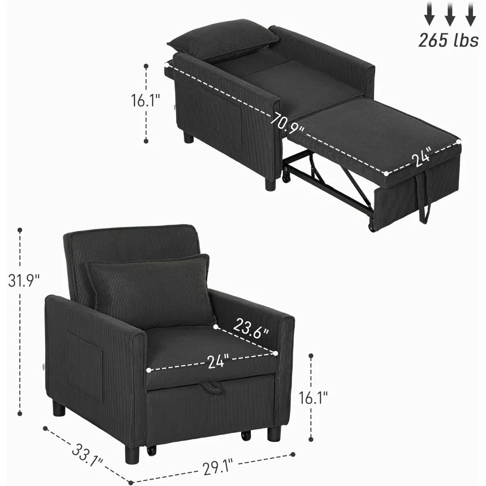 3-in-1 Convertible Chair Bed, Multi-Functional Single Sofa Bed, Pull Out Sleeper Chair with Adjustable Backrest