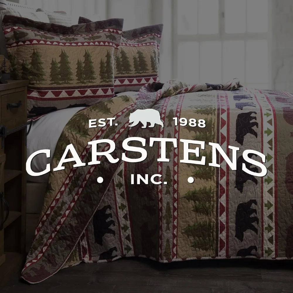 Rustic-Themed Bear Striped Microfiber Quilt Set for King-Size Beds