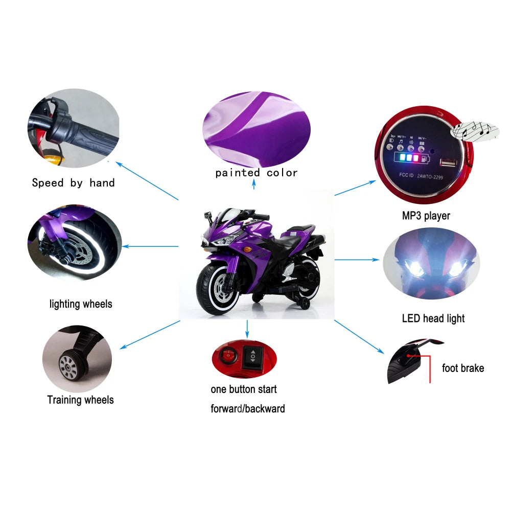 12V7AH Electric Ride-On Motorcycle for Ages 3-6 - w/ Training Wheels, Manual Throttle Control & Glowing LED Wheel Lights