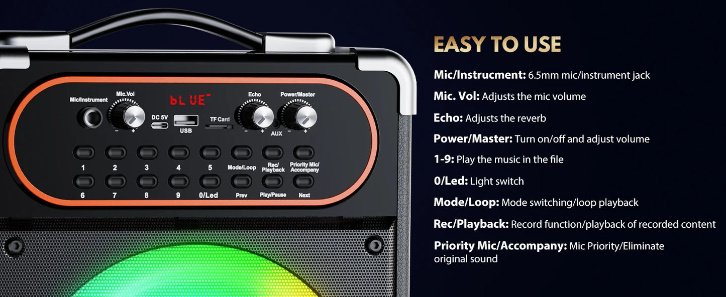 S68 Kara Ok with 2 Microphones, Portable Bluetooth 5.3 Kara Ok Speaker,Echo Adjustment, Supports Tv through Auxiliary Connection