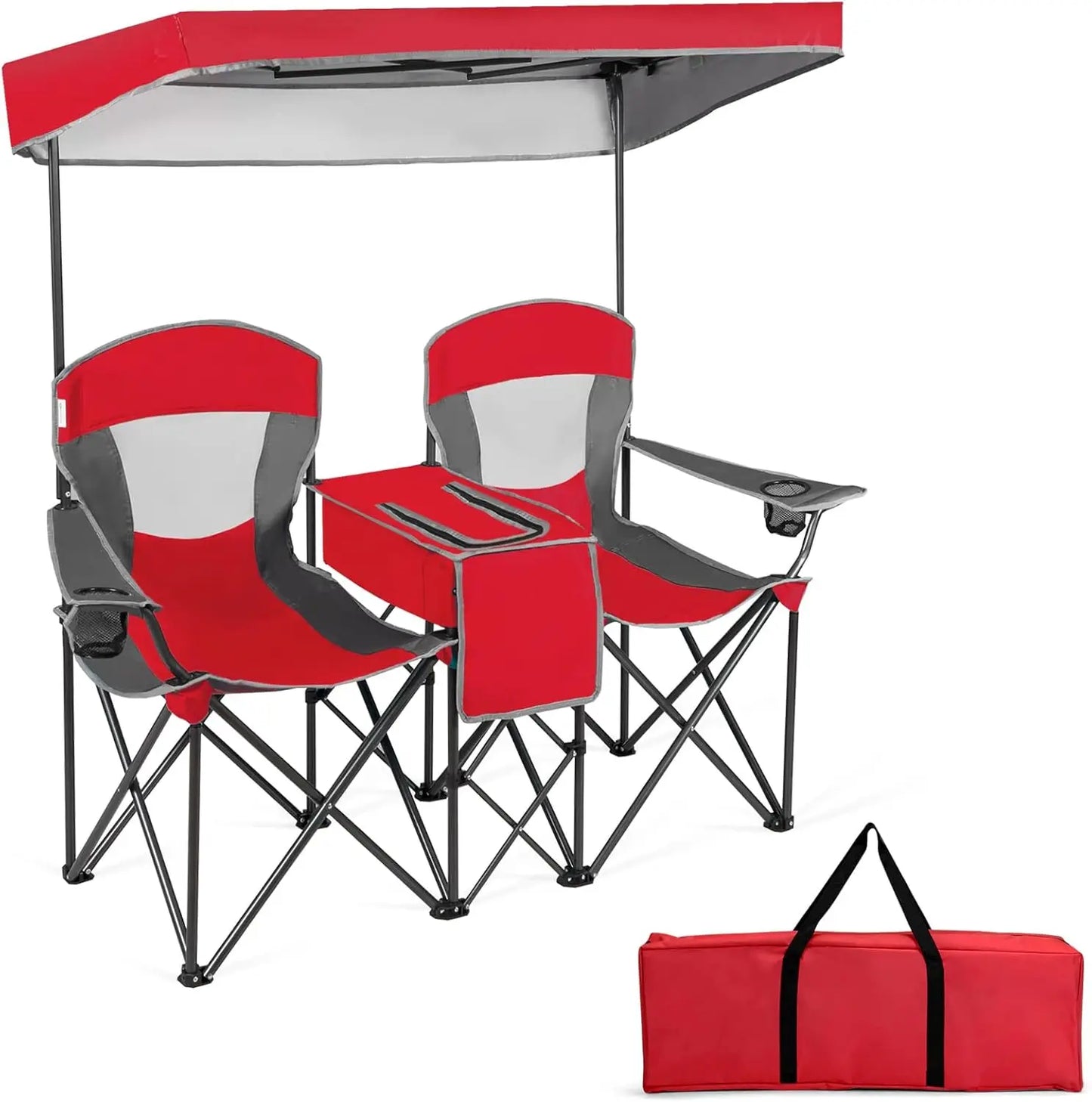 Camping Chair with Adjustable Shade Canopy, Portable Beach Chair with Cooler Bag, 2 Cup Holders, Carrying Bag