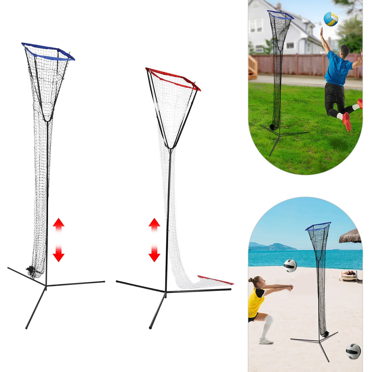 Volleyball Training Iron Net Frame,Black+Blue/Red Free Standing Volleyball Practice Net Adjustable Height and Angle for Patios