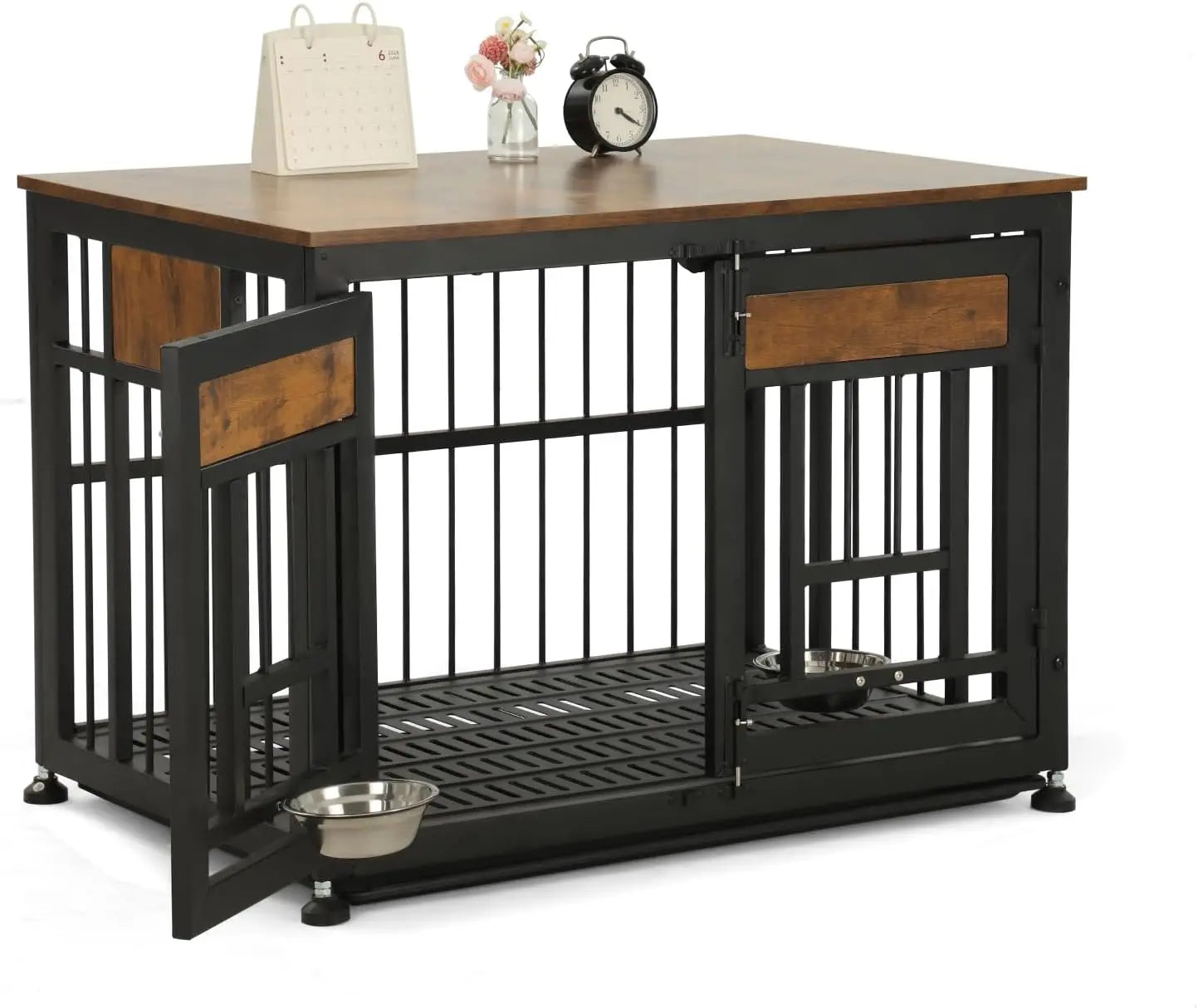 48 Inch Heavy Duty Dog Crate Furniture with Removable Tray & 2 Feeders, Decorative Pet House End Table, Extra Large Wooden