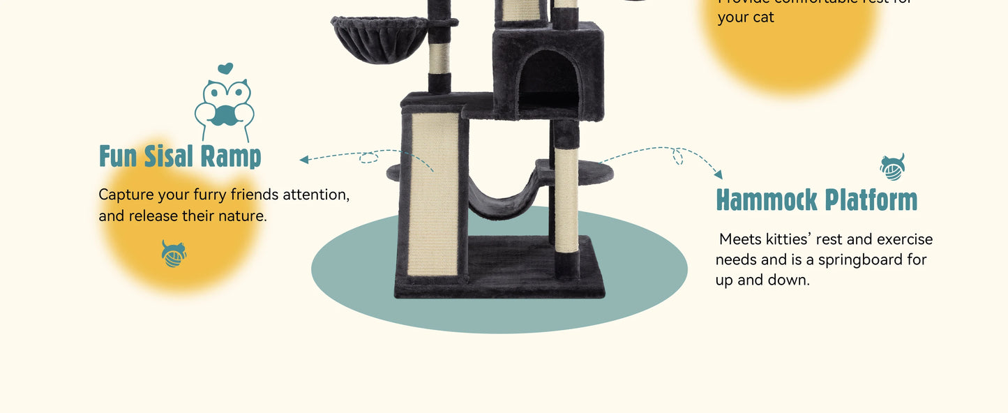 HOOMIC 65in Multi-Level Large Cat Tree Tower/Cozy Plush Cat Perches/Cat Condo with Baskets/Sisal Scratching Post Allewie