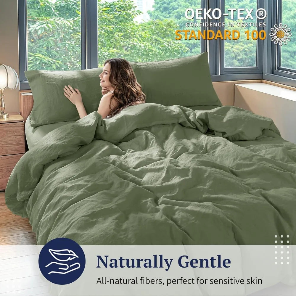 Luxury Queen Size Linen Duvet Cover Set, Pure Natural Flax Linen with Zipper and Corner Ties