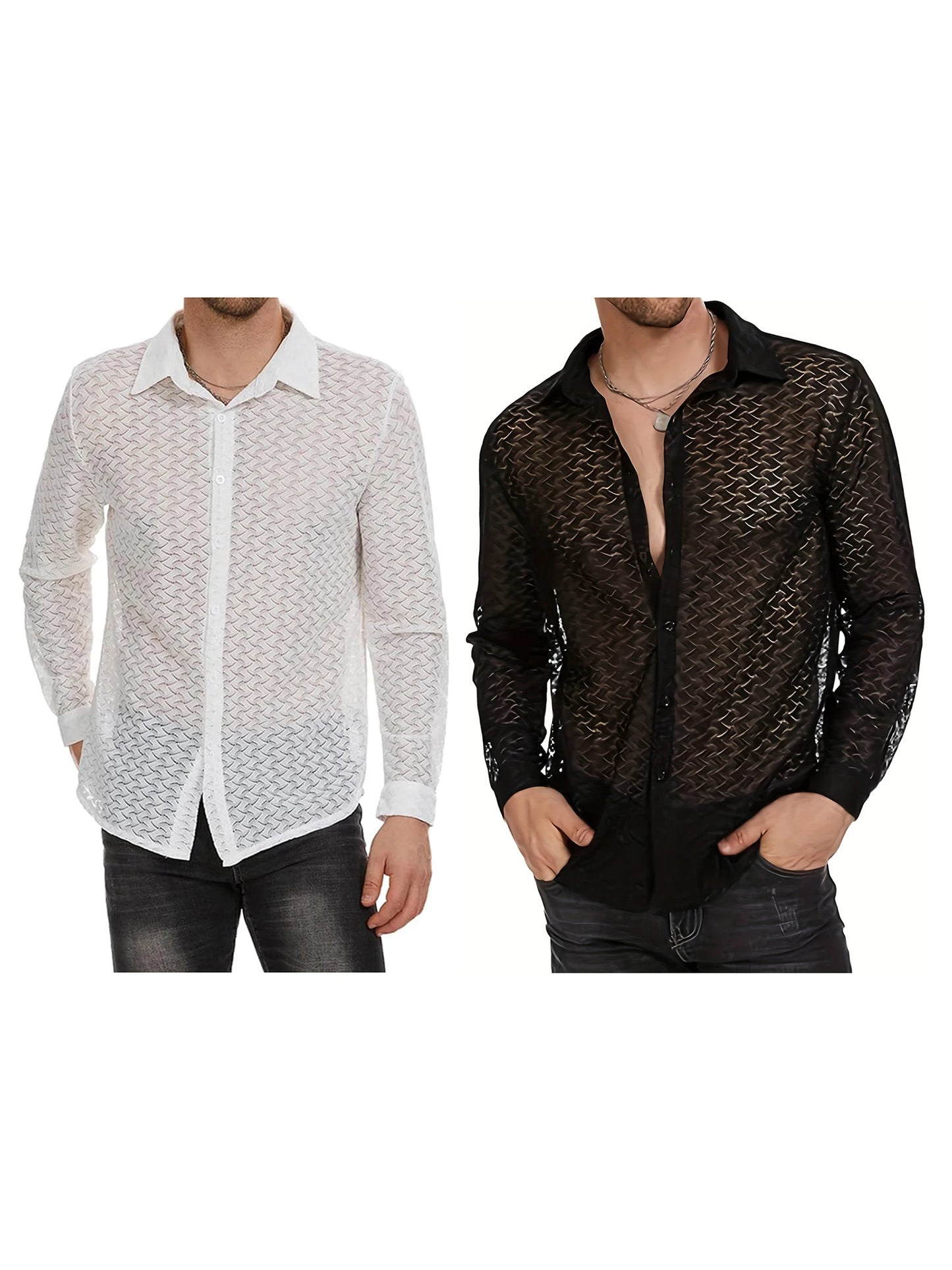 Men s Mesh Panel Shirt with Sheer Lace Detailing and Lapel Neckline Long Sleeve Button-up Top for Casual Streetwear Fashion