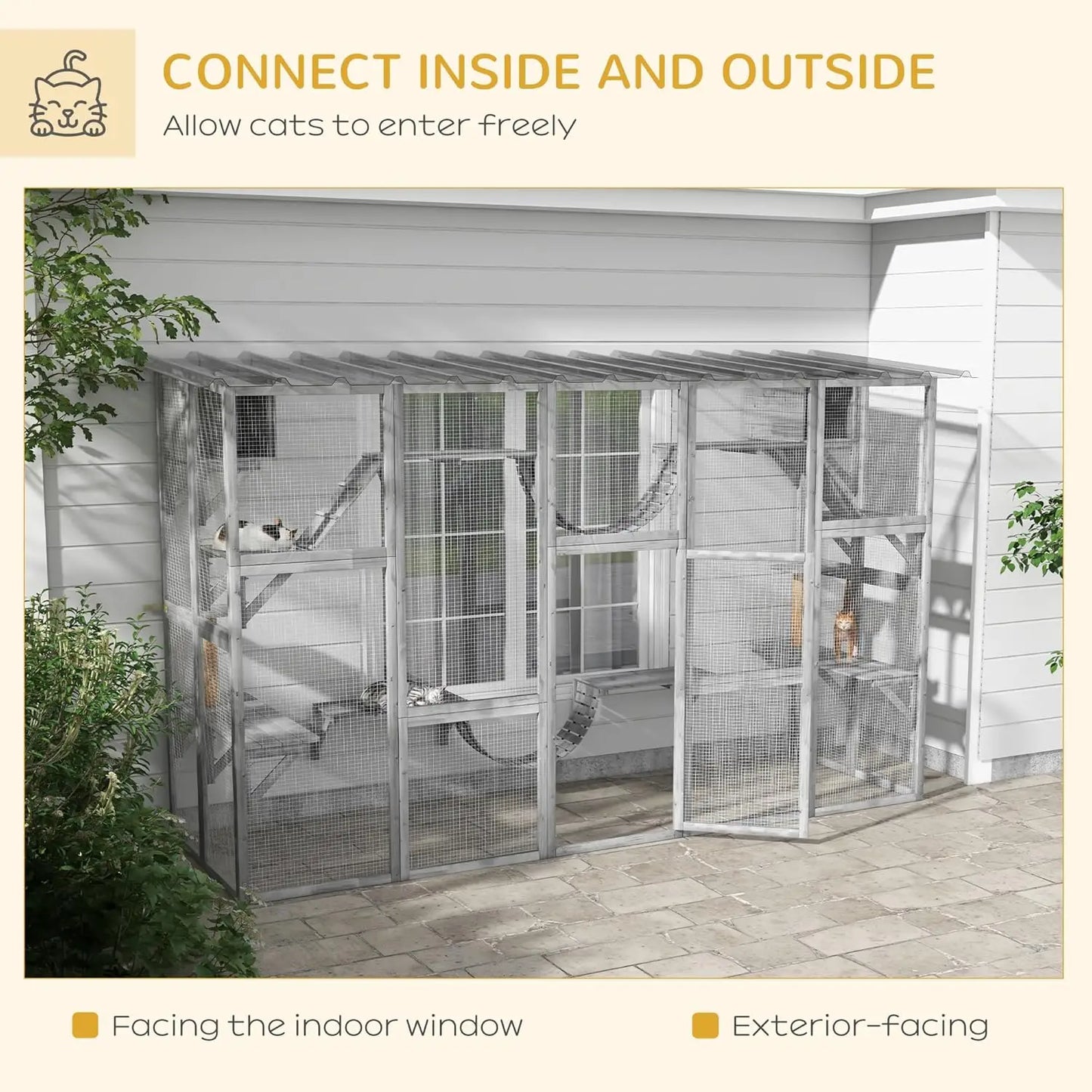 Outdoor Cat Enclosure Window, Outdoor Cat House with Weather Protection Roof for Multiple Kitties, Wooden Frame
