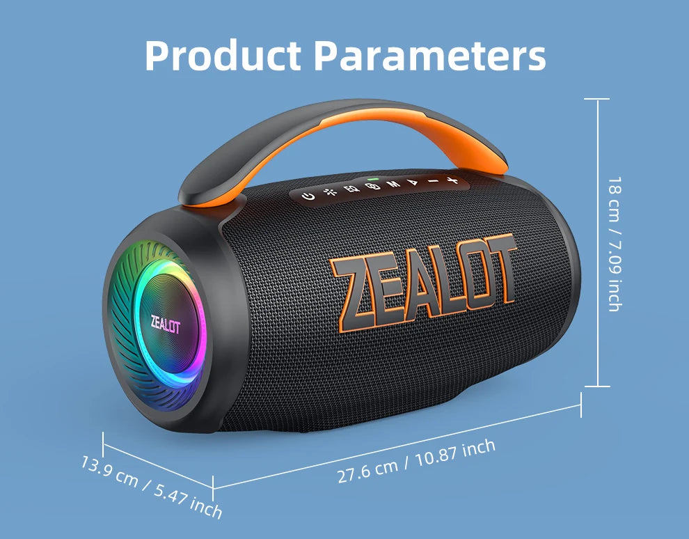Zealot P12 Speaker 60W Portable Bluetooth Speaker with IPX6 Waterproof, Comfortable handle,Controllable lighting,TWS,AUX