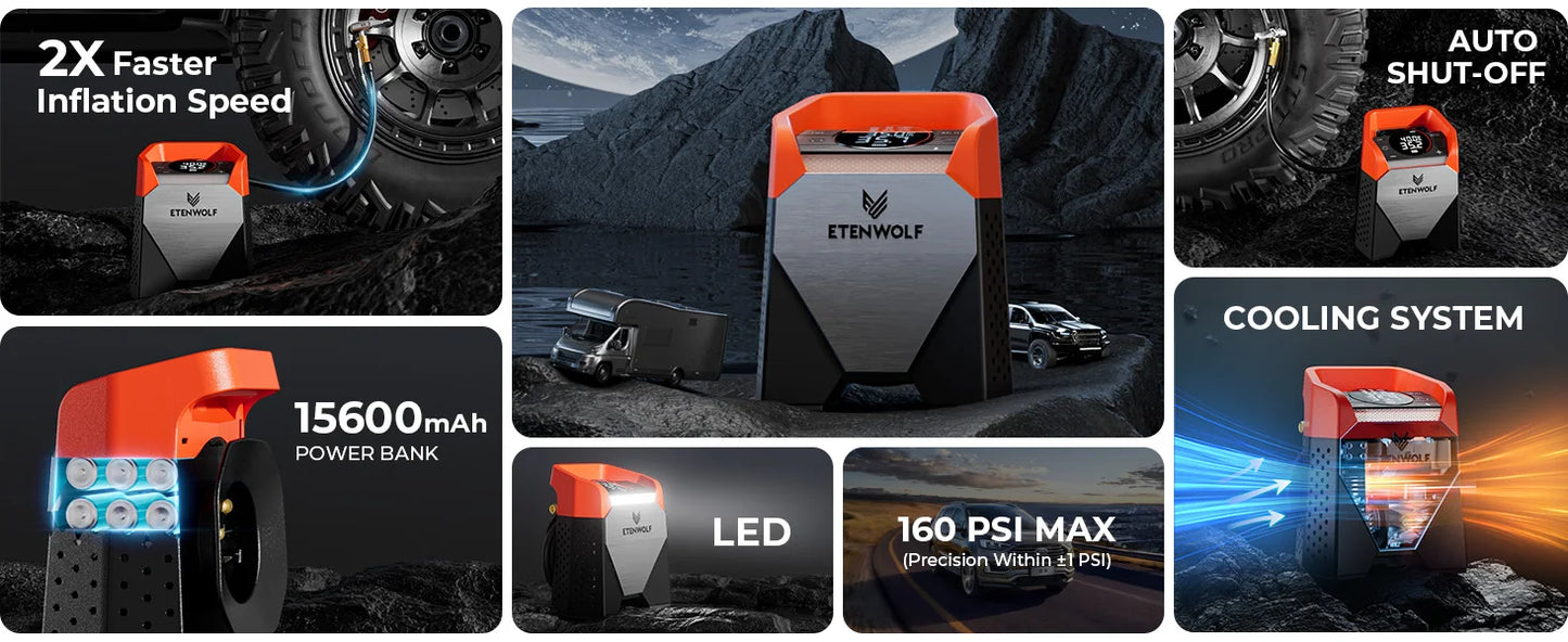 ETENWOLF ZEPHYR S5 Portable Tire Inflator Heavy-Duty Car compressor 160PSI &15600mAh for Pickups Car Tires Motorcycles Bicycles