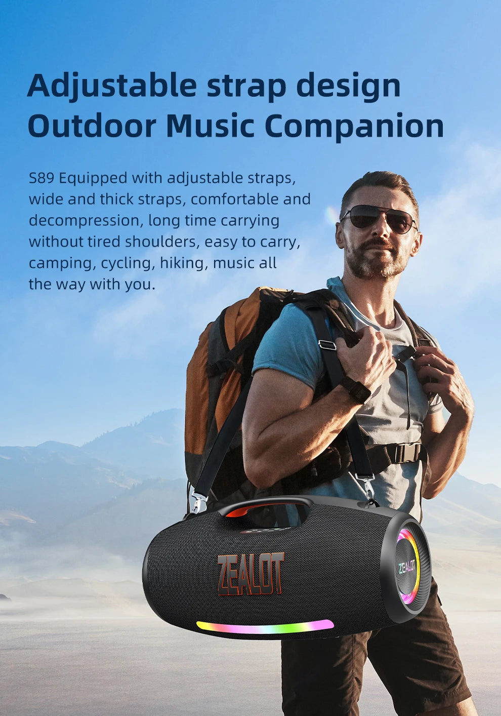 Zealot S89 250W Portable Bluetooth Speaker High Volume Waterproof 48000mAh Wireless TWS Subwoofer Suporrt USB/TF/AUX RGB light.