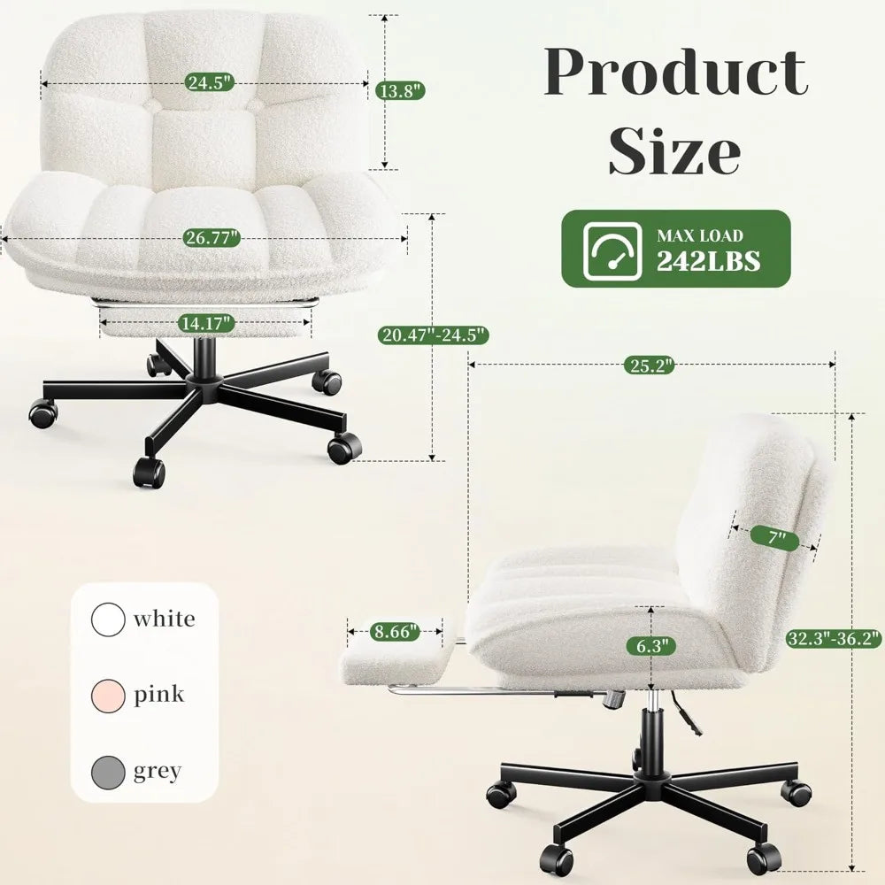 Cross Legged Office Chair with Foot Rest, 6.3" Thick Cushioned Criss Cross Chair with Wheels, Height Adjustable Swivel Vanity