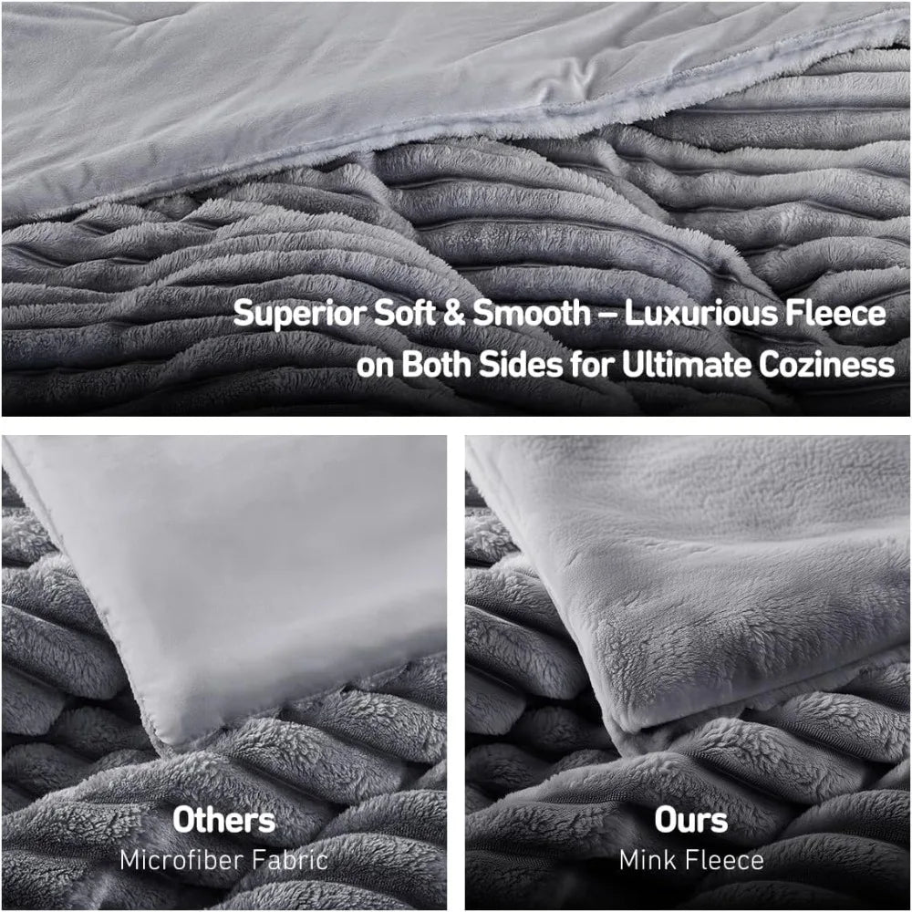 King Size Grey Ombre Fluffy Ribbed Comforter Set with Plush Fleece Bedding and Warm Fuzzy Mattress