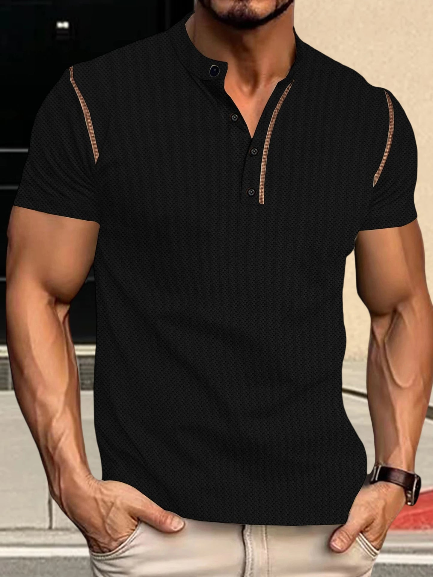 Men s  Fit Henley Short Sleeve T-Shirt with Contrast Stitching Casual Summer Top for Streetwear Style