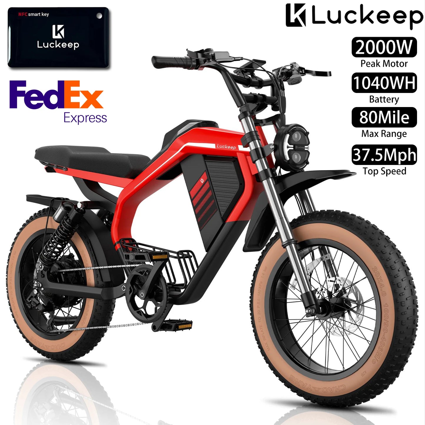 Electric Off-Road Bike Luckeep M5 Max 20x4" 2000W,37.5Mph,80Mile,52V 20Ah,7 Speed, Wide Tire All Terrain E-Bike,New