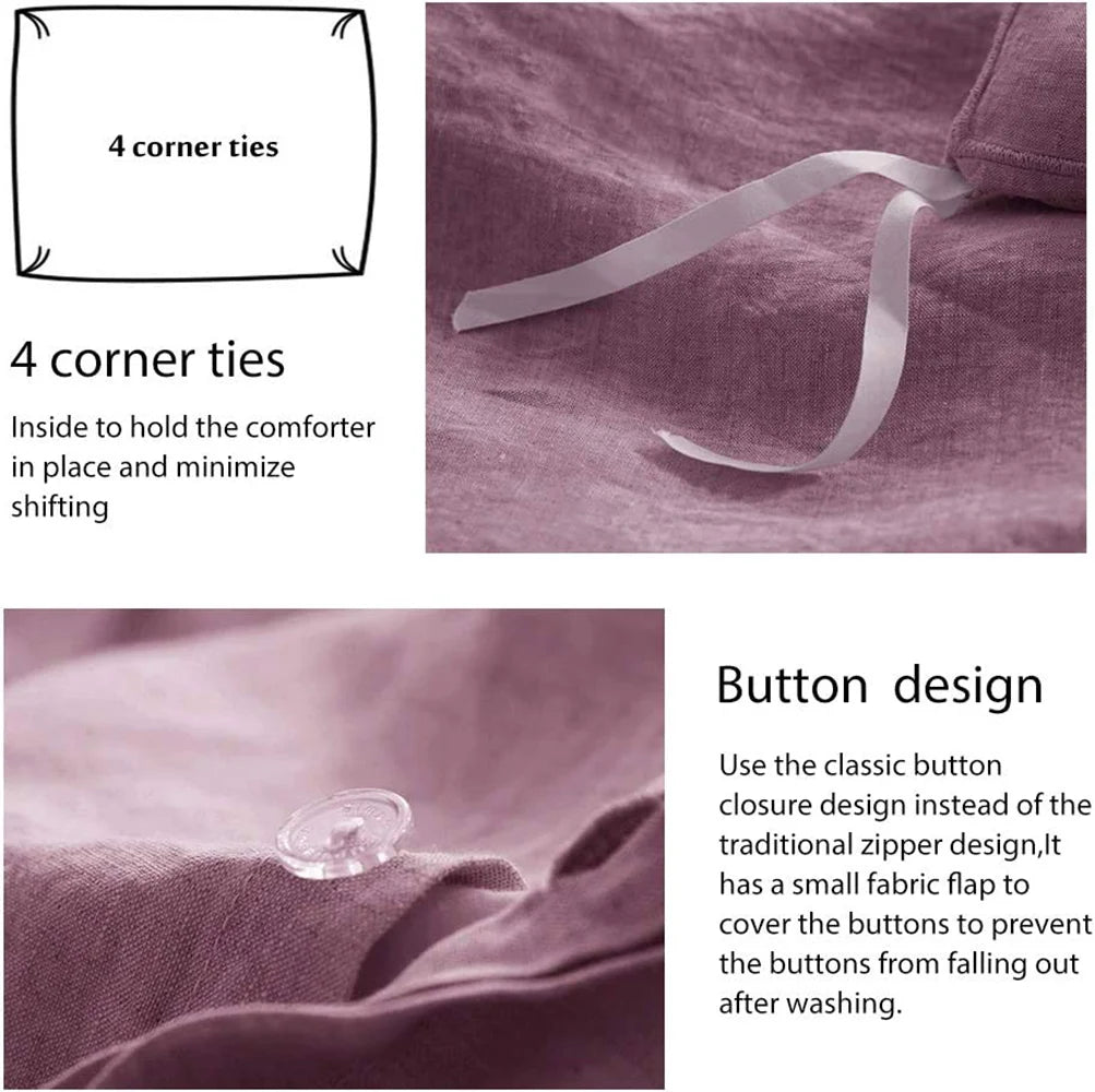 Simple&Opulence 100% Linen Bedding Set 3Pcs Washed Comforter Boho Breathable Queen King Size Duvet Cover Bed Sheet Pillow Shams