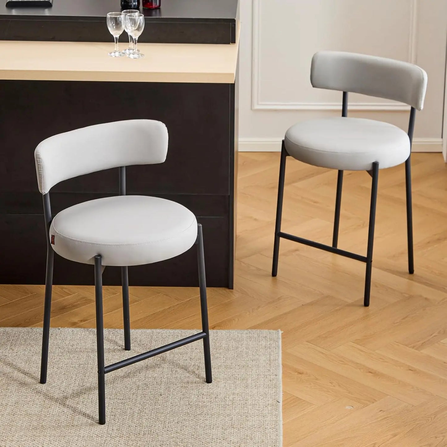 24'' Bar Stools Set of 2, Modern Boucle Counter Height Bar Stools with Curved Back and Black Metal Frame,