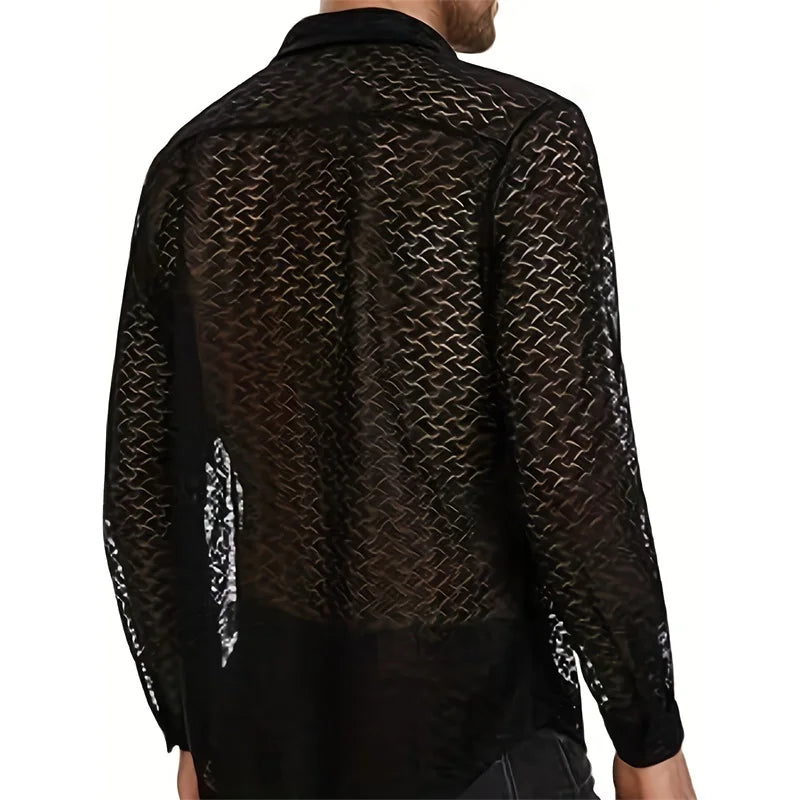 Men s Mesh Panel Shirt with Sheer Lace Detailing and Lapel Neckline Long Sleeve Button-up Top for Casual Streetwear Fashion