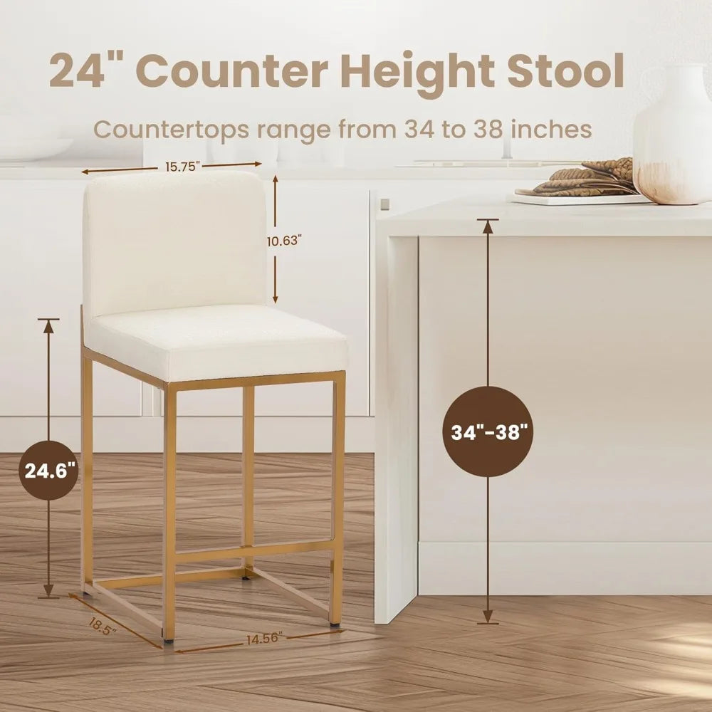 Bar Stools Set of 3 - Counter Height Bar Stool Leather Stools for Kitchen Counter, White and Gold Bar Stools with Back