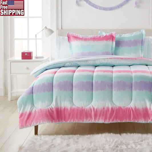Tie Dye Stripe Twin 5 Piece Comforter Set Microfiber Bedding Multi Color Soft Reversible Child Bedroom Essentials