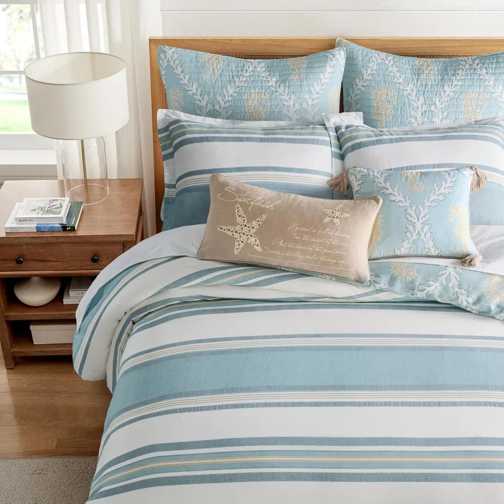 Blue Teal Taupe Striped Twin Comforter Set with Standard Pillowcase for Comfortable Sleep