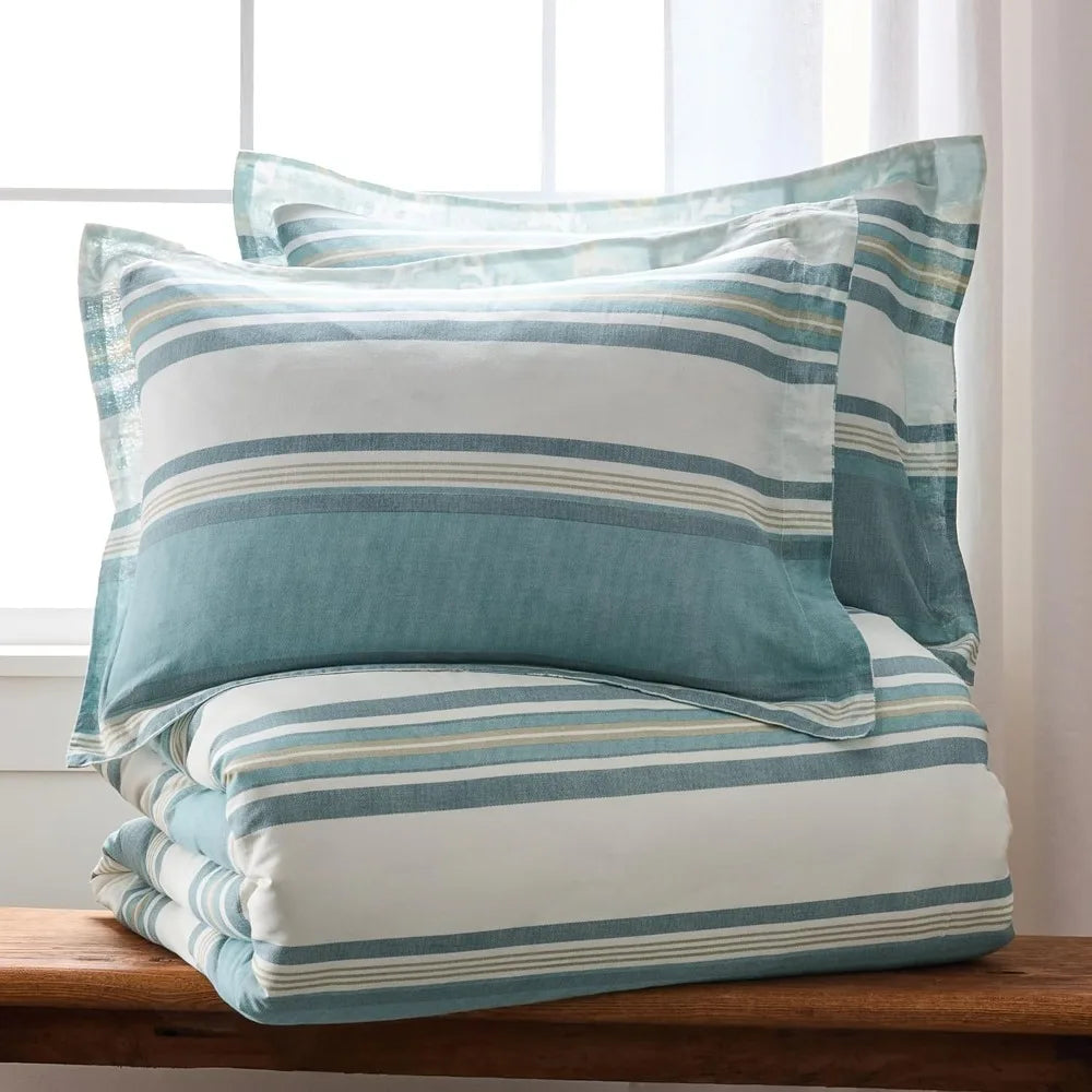 Blue Teal Taupe Striped Twin Comforter Set with Standard Pillowcase for Comfortable Sleep