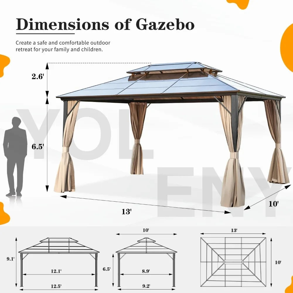 10'x13' Hardtop Gazebo, Outdoor Polycarbonate Double Roof Canopy, Aluminum Frame Permanent Pavilion, Sunshade