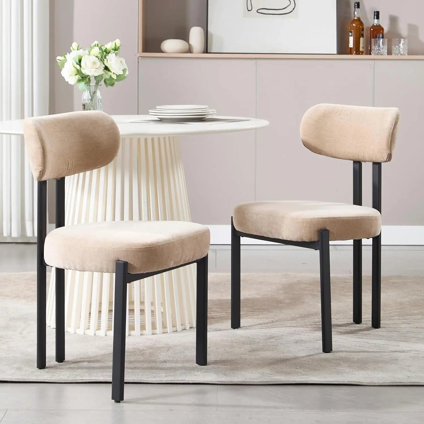 Khaki Dining Chairs Set of 2, Chenille Upholstered Kitchen Chairs with Open Back, Modern Armless Side Chairs with Metal Legs