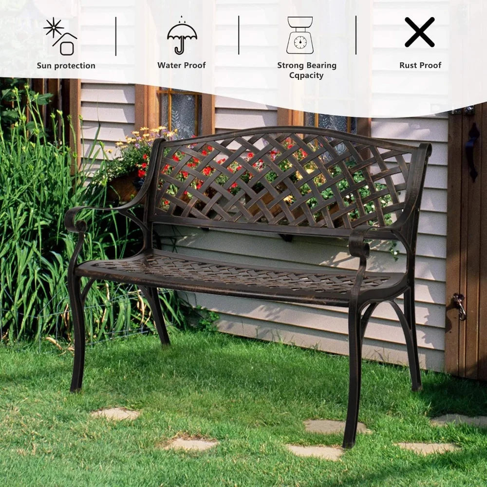 40.5" Patio Garden Bench,Anti- Rust Cast Iron Cast Aluminum Frame for Outdoor Path Yard Lawn Work Entryway Decor Deck (Brown)