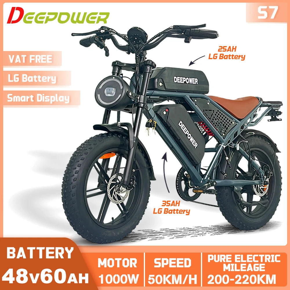 DEEPOWER S7 Off-Road Electric Bike for 1000W Motor Adults Mountain Ebike with 48V 60AH LG Battery All-Terrain Motorcycle Style