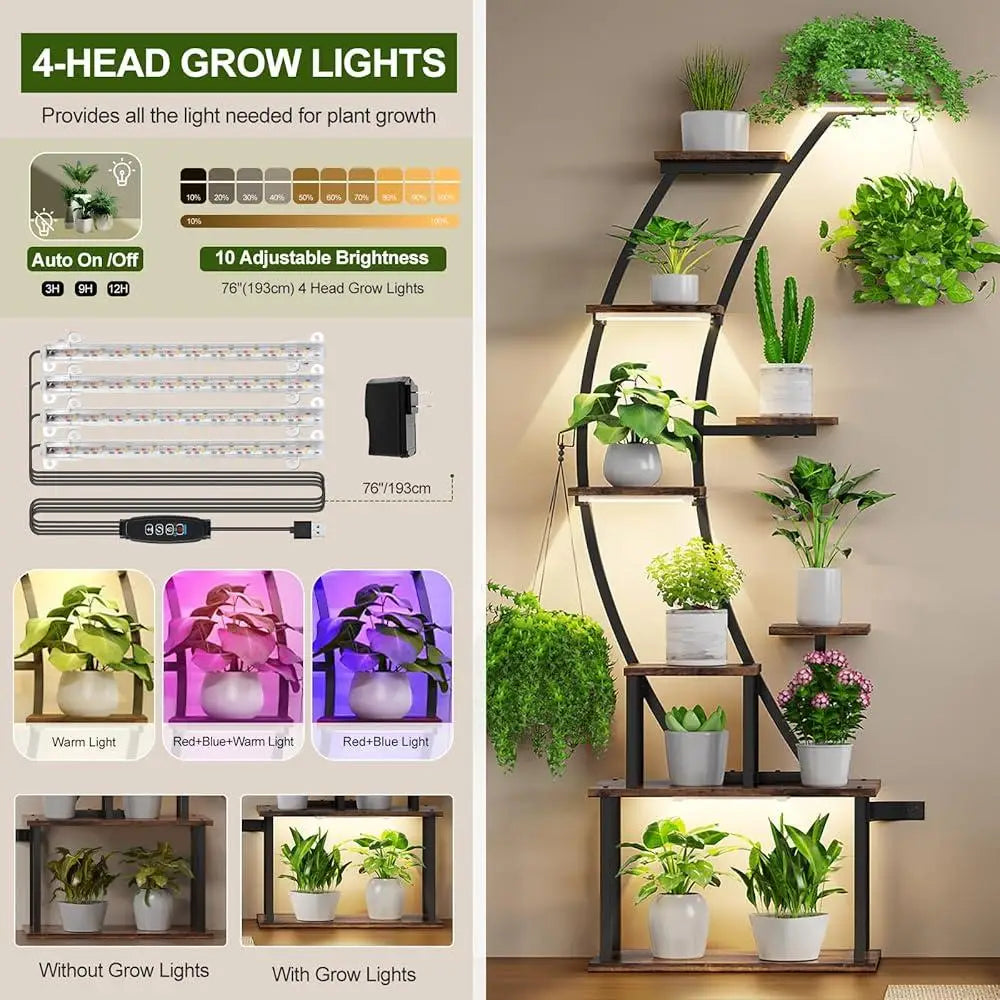Indoor Plant Stand with Grow Lights 9 Tier Metal Shelf Flower Pots and Home Decor Display