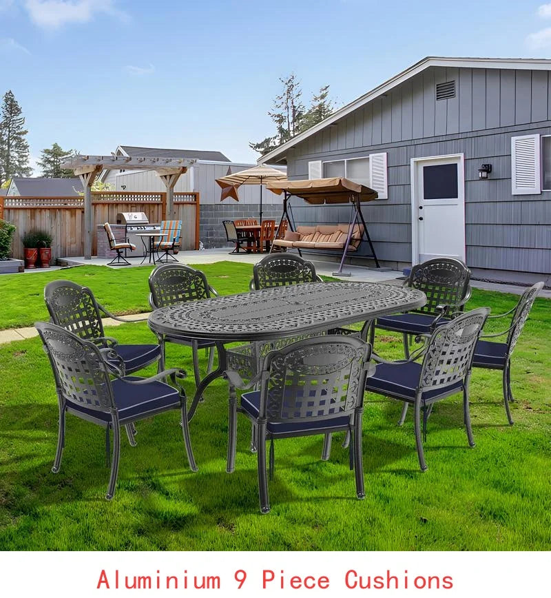9-Piece Outdoor Dining Set, All-Weather Cast Aluminum Furniture, Black Frame
