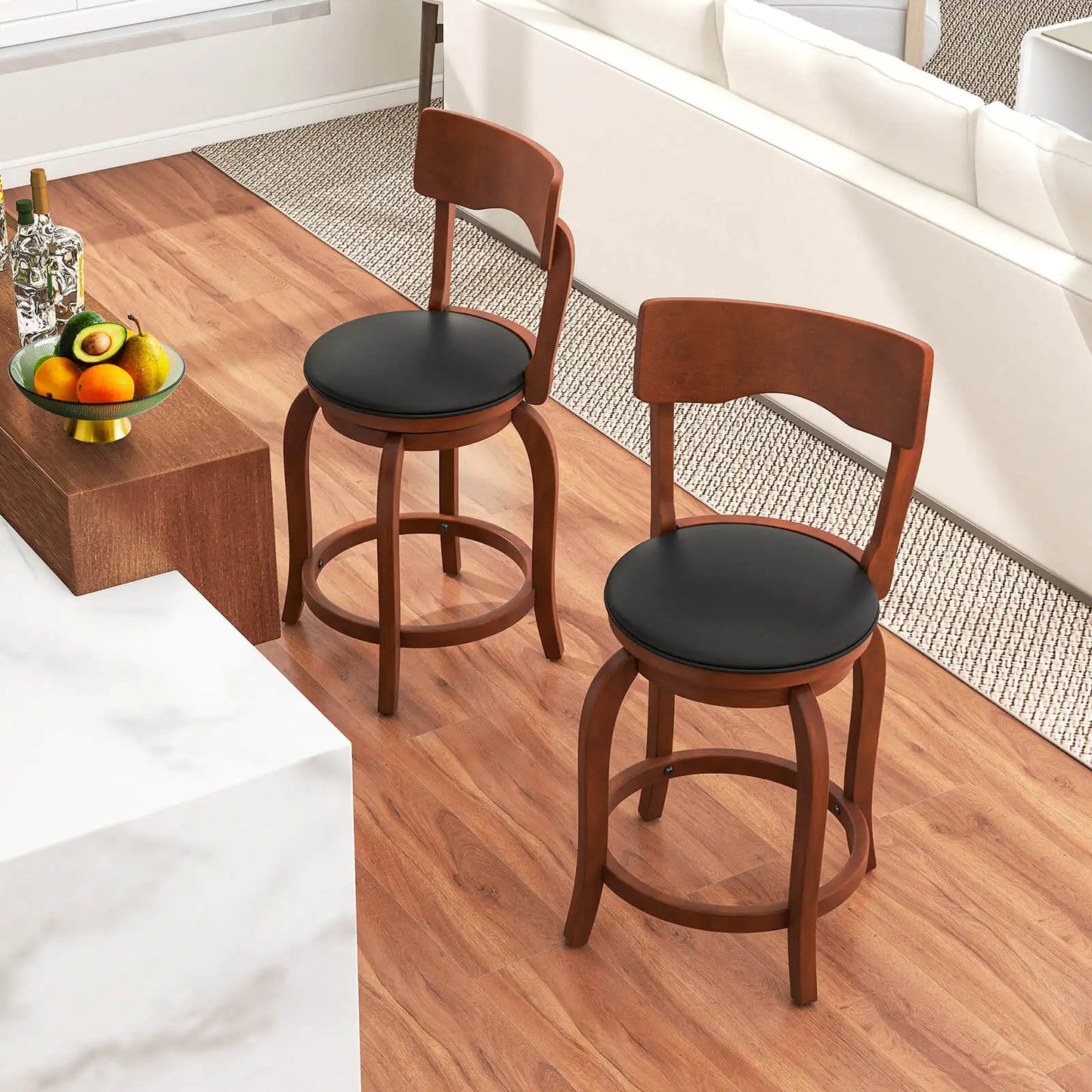 24" Swivel Bar Stools Set of 2 with Rubber Wood Frame Upholstered Seat Footrest