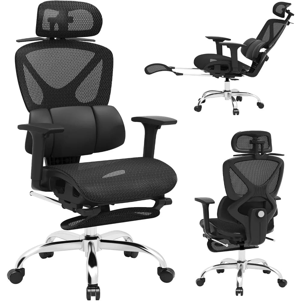 ergonomic mesh office chair, home desk chair comfy with adjustable lumbar support 3d headrest and armrests, reclining big and ta