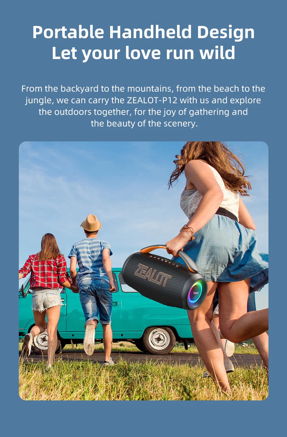 Zealot P12 Speaker 60W Portable Bluetooth Speaker with IPX6 Waterproof, Comfortable handle,Controllable lighting,TWS,AUX
