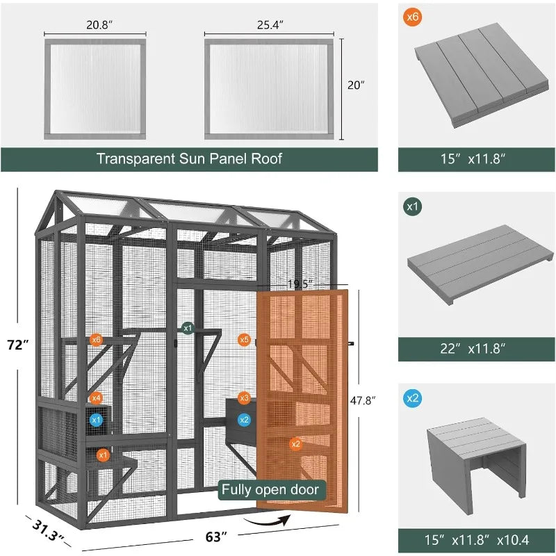 Outdoor Cat Enclosure, Large Cat House for Mulitiple Cats Walk in Cat Cage with Waterproof Cover and Sunshine Panel Roof, Feral