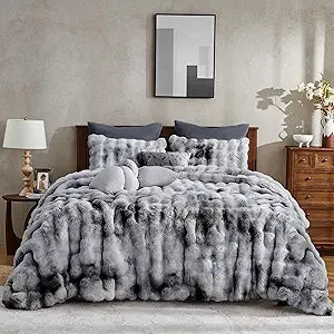King Size Tie-Dye Grey Plush Rabbit Fur-Like Comforter Set, Fluffy and Warm Bedding