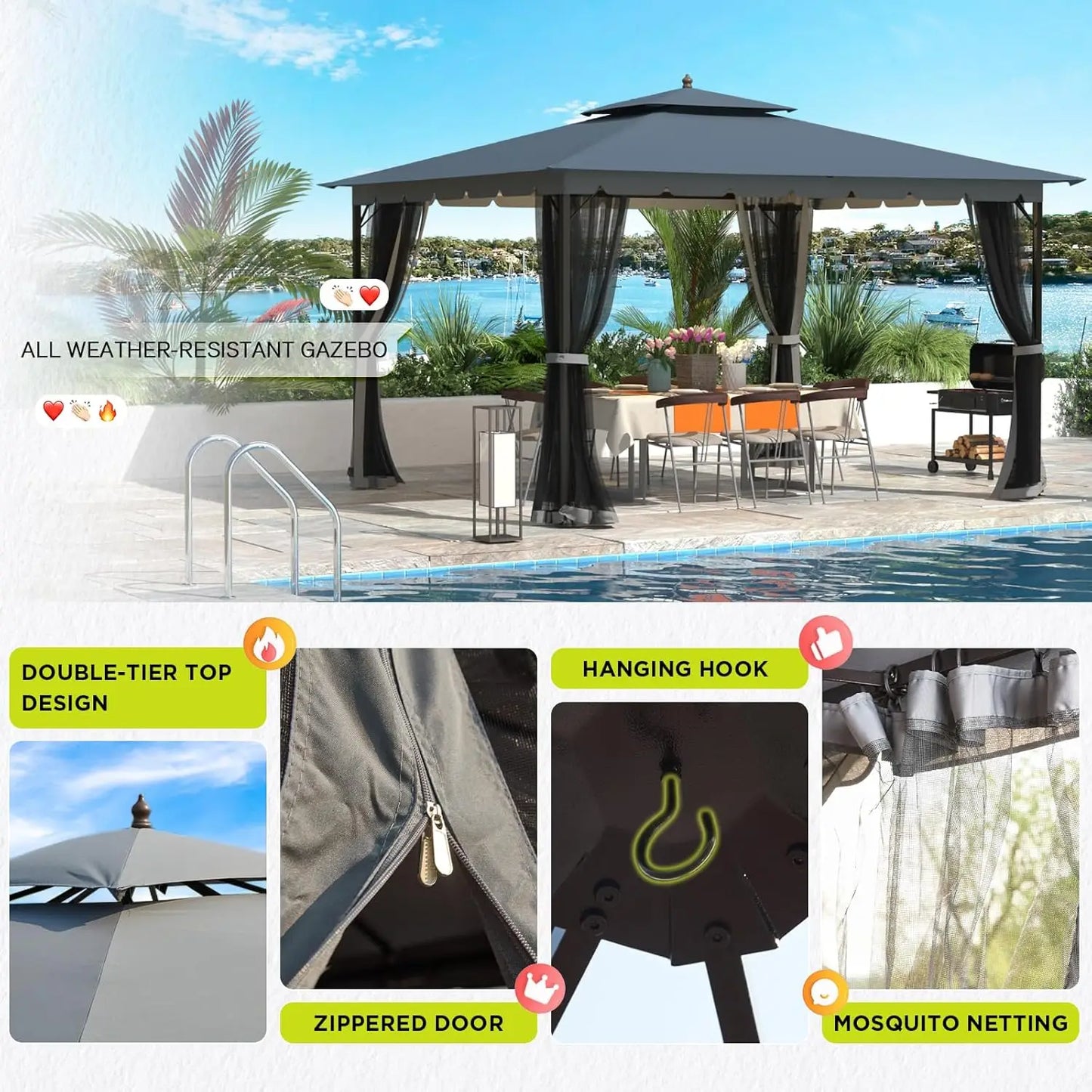 10x12 Gazebo with Mosquito Netting,Sturdy Metal Outdoor Patio Gazebo[Heavy Duty Frame],Gazebos Canopy Tent with Dual Air Roof