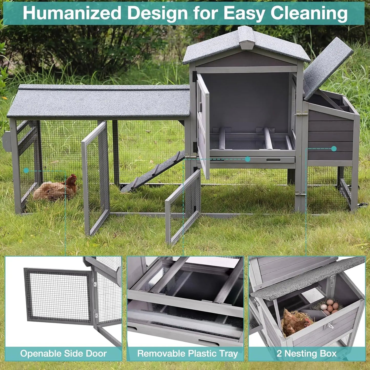 Outdoor Hen House Poultry Cage with Nesting Box, Leakproof Pull Out Tray and UV-Resistant Roof (78.9" L x 26.6" W x 42.5" H)