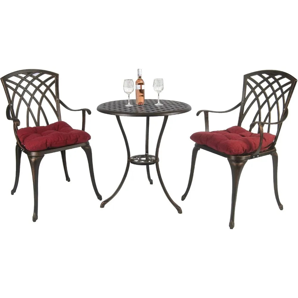 3 Piece Patio Bistro Set Cast Aluminum Bistro Table Set Outdoor Round Dining Table with Umbrella Hole for Porch, Lawn, Garden,