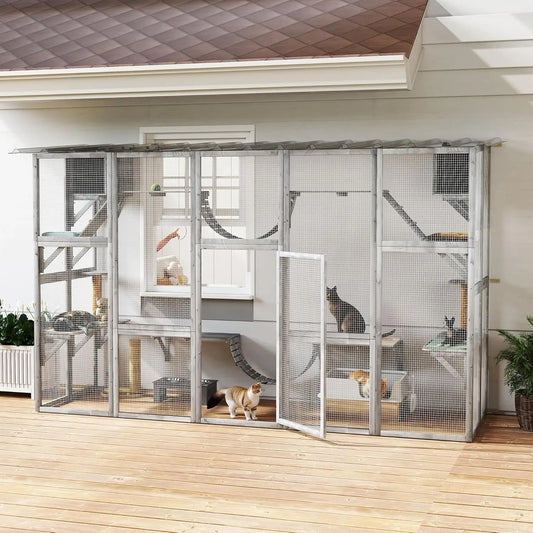 Outdoor Cat Enclosure Window, Outdoor Cat House with Weather Protection Roof for Multiple Kitties, Wooden Frame