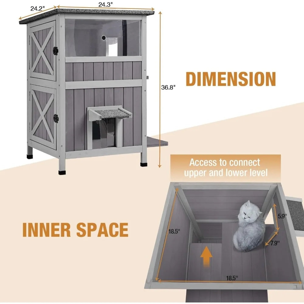 Cat House Feral Kitty Shelter Ourdoor & Indoor Cat Cage with Waterproof Roof, 2 Large Side Doors