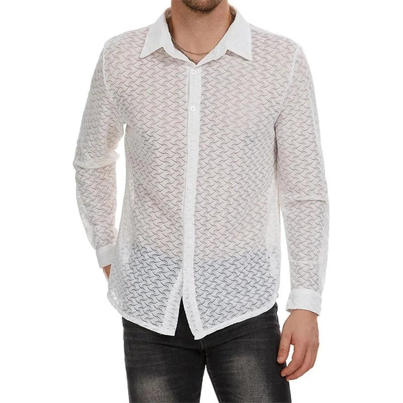 Men s Mesh Panel Shirt with Sheer Lace Detailing and Lapel Neckline Long Sleeve Button-up Top for Casual Streetwear Fashion