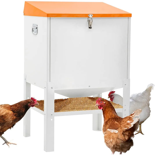 Chicken Feeder, 85LBS Capacity Metal Poultry Feeder (18” x 15.1” x 29.5”) for 16 Chickens, Powder-Coated Steel Feeder w/Waterpro