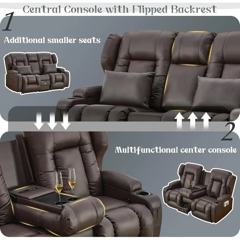 Loveseat Recliner Sofa with Flipped Backrest Console, RV Manual Reclining Loveseat Couch Home Theater Seating with Cup Hol
