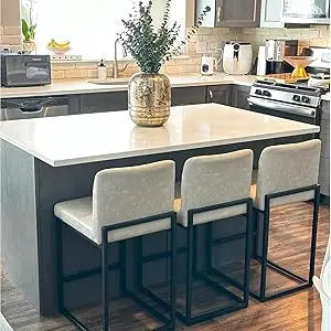 Bar Stools Set of 3 - Counter Height Bar Stool Leather Stools for Kitchen Counter, White and Gold Bar Stools with Back