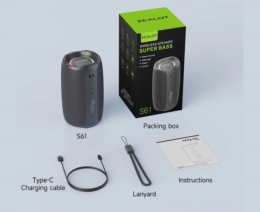 Zealot-S61 Bluetooth Speaker,with IPX6 Waterproof Protection and Outdoor Bass Sound for Backyard and Beach Party,10W Loudspeaker