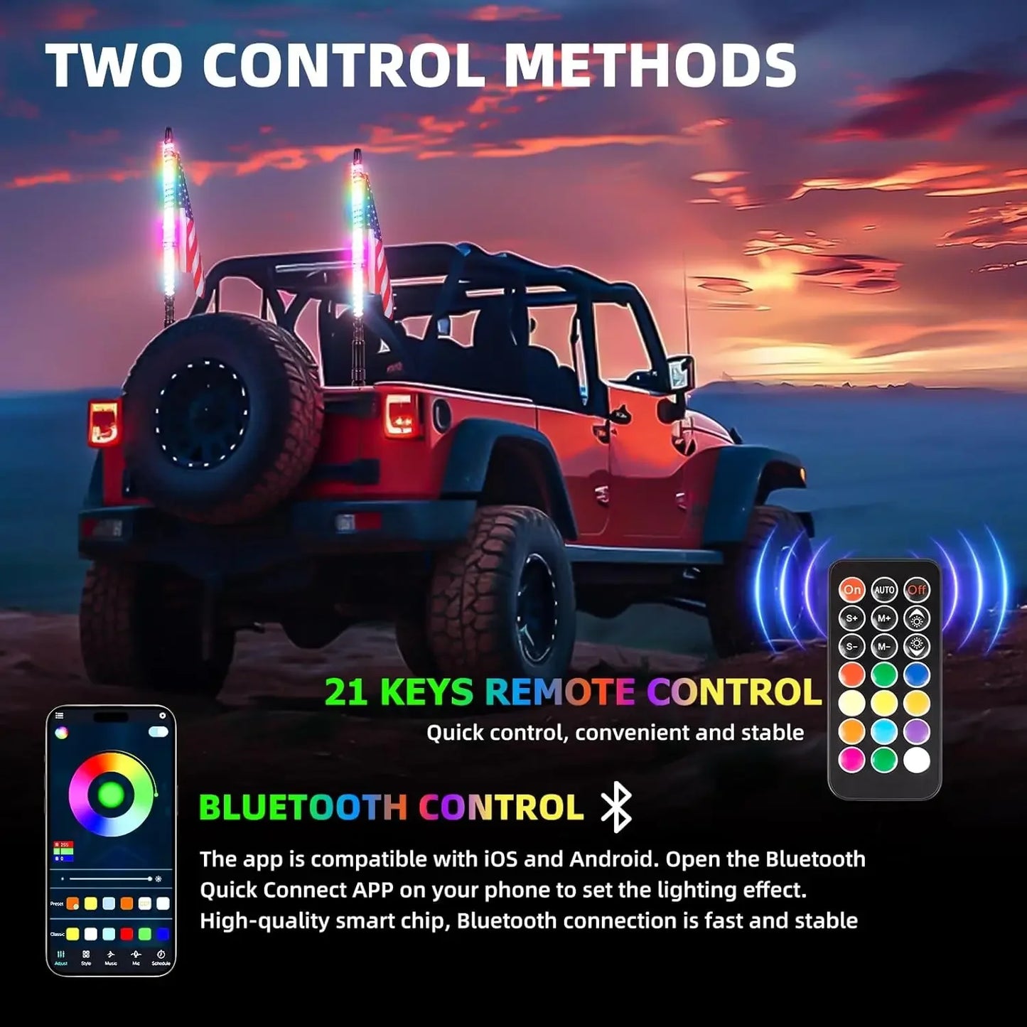 2PCS 2ft LED Whip Lights For UTV Colorful RGB Chasing/Dancing Light RGB Chasing Lighted Antenna Whips For ATV Truck