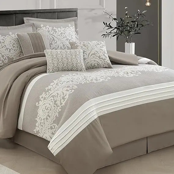 Queen Size Taupe Damask Jacquard Comforter Set with Solid Piece Work, 7-Piece All-Season Soft Bedding Ensemble Including Bed Ski