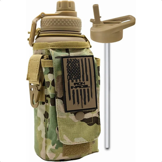 Battle Bottle 32 Oz Insulated Water Bottle with Straw Lid Chug Cap Stainl Steel Metal Tactical Flask With Red Removable Sleeve