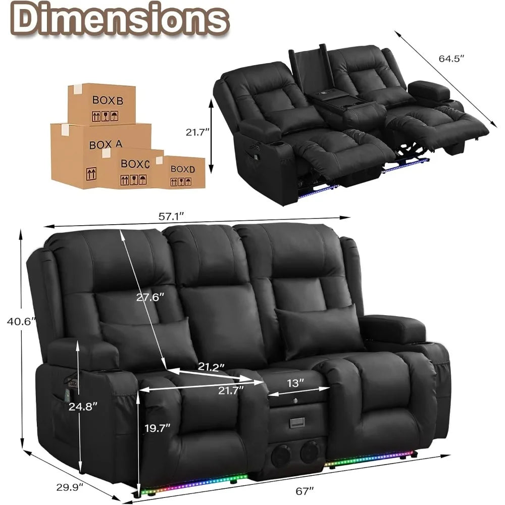 Power Loveseat Recliner Sofa Home Theater Seating with Console Electric Recliner RV Sofa with USB And Outlets Massage And Heat